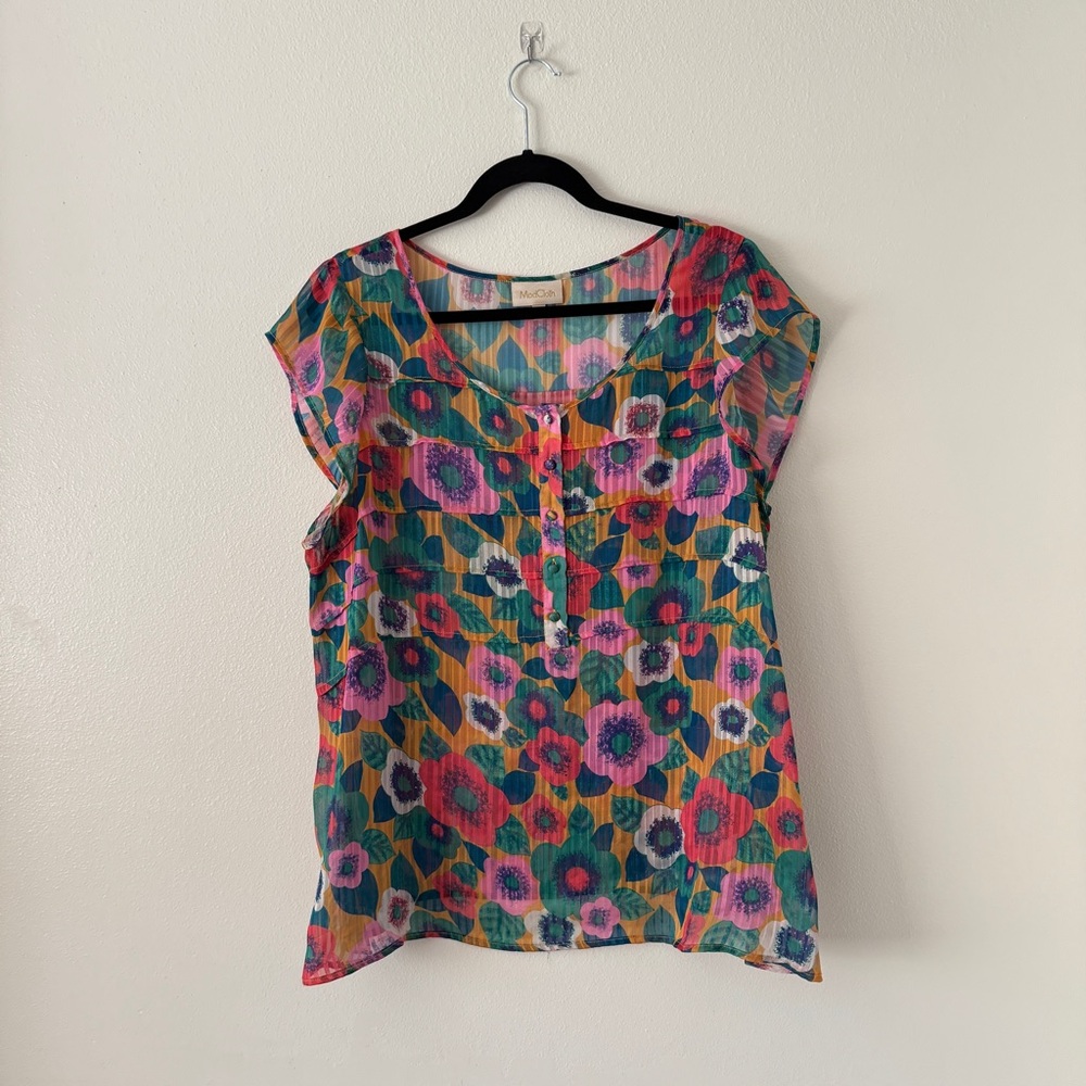Modcloth Pink and Green Graphic Blouse Relaxed Fit